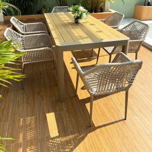 9-teiliges Set Natürliche Farbe Outdoor-Esstischgarnitur mit Legierungsrahmen, wetterfester Stuhl, schlichte Tisch, Schwarz, 91"L x 35"B x 30"H, Tisch & 8 Stühle