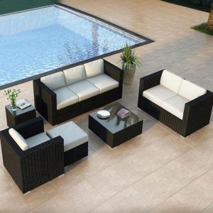 6-teilige Outdoor-Sofagruppe mit Canvas-Glastischplatte, weißer Polsterung, Midnight Black Loveseat und Stuhl, 6 Teile (Stuhl&Loveseat&3-Sitzer Sofa&Tee-Tisch&Beistelltisch&Ottomane)