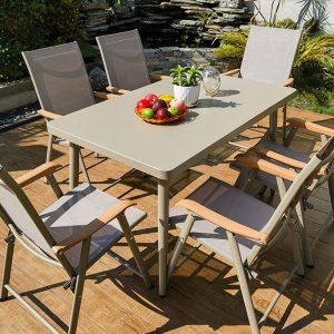 Stoff Elfenbein Outdoor-Essgruppe, 7-teiliges Set, wetterfest mit Stuhl, einfacher Tisch, 79"L x 39"B x 28"H, Tisch & 6 Stühle