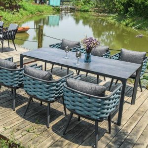 Polsterter Taubengrauer Terrassen-Esstisch-Set, 7-teilig UV-blockierend mit Stuhl und Tisch, minimalistischer Stil, 79"L x 35"B x 29"H, Tisch & 6 Stühle