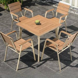 Natürliche Farbe Patio-Essgruppe, Metallrahmen, UV-blockierend, 5-teilig mit Stuhl und Tisch, minimalistischer Stil, 31,5"L x 31,5"B x 29,1"H, Tisch & 4 Stühle
