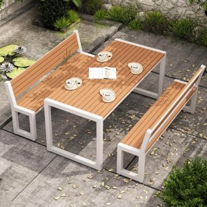 Natürlich fertiggestellter Outdoor-Esstisch mit Eisenrahmen, rechteckiger Form und lässigem Stil, weiß, 55,1"L x 27,6"B x 29,5"H, nur Tisch