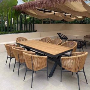 Naturfarbenes Outdoor-Esszimmerset mit Holzplatte, wetterbeständiges 7-teiliges rechteckiges Stuhlset, simplistischer Stil, 63"L x 31"B x 29"H, Tisch & 6 Stühle