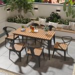 Natürliche Holzoptik Patio-Esstisch mit Metallrahmen, wasserdichter rechteckiger minimalistischer Stil, 55,1"L x 27,6"B x 29,5"H, Weiß, nur Tisch