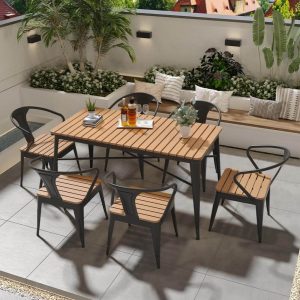 Natürliche Holzoptik Patio-Esstisch mit Metallrahmen, wasserdichter rechteckiger minimalistischer Stil, 55,1"L x 27,6"B x 29,5"H, Weiß, nur Tisch