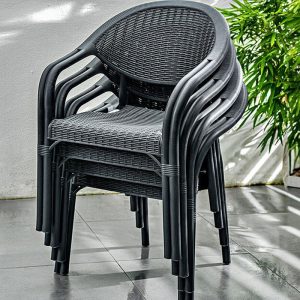 Polymer Compound Outdoor-Esstischgarnitur mit wetterfester Midnight Black Tisch und Stühlen, 7-teiliges Set, einfacher Stil, 79"L x 39"B x 29"H, Tisch & 6 Stühle
