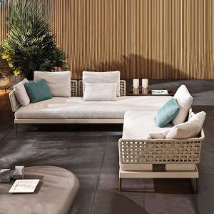 2-teiliges Outdoor-Sofa-Konversationsset in Textil mit hellgrauem Rahmen, Kreidekissen, Legierungsliegesofa, UV-beständig, 2-teiliges Set (Chaiselongue & Eckliegesofas)