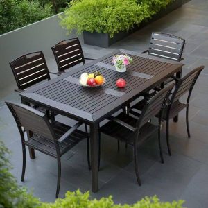 Moderner Aluminium Metall Garten Armlehnenstuhl in Mitternachtsschwarz stapelbar mit 4 Stühlen, 4-teiliges Set