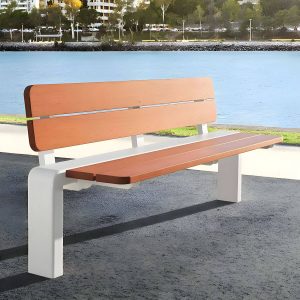 Wasserfeste Mid-Century Modern Parkbank mit Edelstahlrahmen und Kupferholz-Sitz - 79"L x 19"B x 31"H