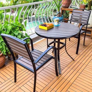 3-teiliges Set Gartentischgruppe mit Metallrahmen, runder brauner Tisch und UV-beständiger Haltbarkeit, Kaffee, 31,5"L x 31,5"B x 28,7"H, Tisch mit 2 Stühlen