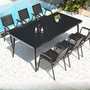 Rostbeständiges Metall-Patio-Esszimmerset, 7-teilig, Tinte mit Stuhl und Tisch, minimalistischer Stil, 79"L x 39"B x 28"H, Tisch & 6 Stühle