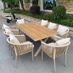 Gepolstertes Outdoor-Esstischset, flammhemmender beiger Tisch und Stühle, einfacher Stil, 7-teiliges Set, 51,2"L x 35,4"B x 29,5"H, Tisch & 6 Stühle