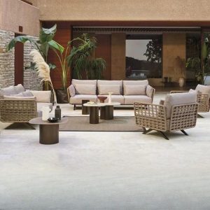 Holzfarbene wasserfeste Legierung Loveseat für 2 Personen mit Kissen und trendigem Sitzkissen, Midposition Loveseat