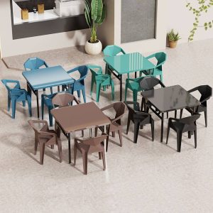 Minimalistisches Terrassen-Essset, Polymerverbindung, braune Farbe, UV-blockierend, 5-teilig mit Stuhl und Tisch, Braun, Tisch & 4 Stühle