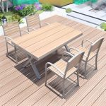 Holzmaserung Outdoor-Esstisch mit Ingenieurholz, wetterfeste 5-teilige Stühle und Tisch, moderner Stil, 51,2"L x 35,4"B x 27,6"H, Tisch & 4 Stühle