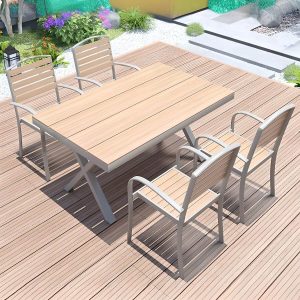 Holzmaserung Outdoor-Esstisch mit Ingenieurholz, wetterfeste 5-teilige Stühle und Tisch, moderner Stil, 51,2"L x 35,4"B x 27,6"H, Tisch & 4 Stühle