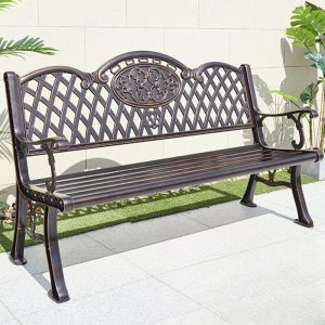 Moderner Outdoor-Bank in Mitternachtsschwarz, Holz, gebogenen Armlehnen und Rücken, 59"L x 24"B x 34"H, Bronze