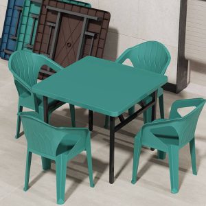 Grünes 5-teiliges Garten-Ess-Set mit Polymer-Sitzfläche, UV-beständig und im minimalistischen Stil, Grün, Tisch & 4 Stühle