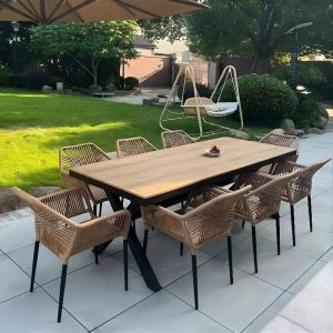 Natürliche Farbe Outdoor-Essgruppe, Legierungsrahmen, 7-teiliges Set, wetterfest mit Stuhl, einfacher Stil und Tisch, Champagner, 51.2"L x 35.4"B x 29.5"H, Tisch & 6 Stühle