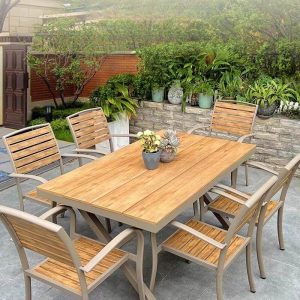 Natürliche Farbe Outdoor-Esstischgarnitur mit Legierungsrahmen, wetterfest, 5-teilig, Stuhl, einfacher Stil mit Tisch, 59,1"L x 35,4"B x 29,5"H, Tisch & 4 Stühle