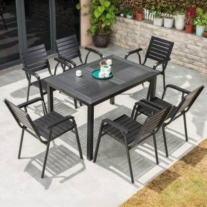 Einfache Aluminium Metall Garten Armlehnenstuhl in Tinte, stapelbar, mit 1 Stuhl, 22"L x 23"B x 35"H