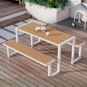 Outdoor-Picknicktisch mit kratzfestem Eisenrahmen, schwarzer rechteckiger minimalistischer Stil, Schwarz, 59"L x 59"B x 28"H