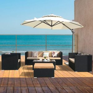Outdoor-Sofa-Sitzgruppe mit Canvas-Polsterung, Vitreous-Tisch, weißem Sofa, 4-teiliges Set in Mitternachtsschwarz, Stuhl enthalten, 4-teiliges Set (2 Stühle & 1 3-Personen-Sofa & 1 Couchtisch)