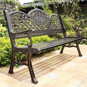 Boho Black feuerfeste Aluminium Parkbank mit gebogenem Sitz, gebogener Armlehne & Rücken, Schwarz, 45"L x 23,5"B x 31,5"H