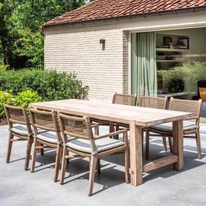 Moderner Terrassen-Seitenstuhl in Hellgrau mit Teakholzrahmen, 1 Stuhl mit Kissen, ohne Armlehnen