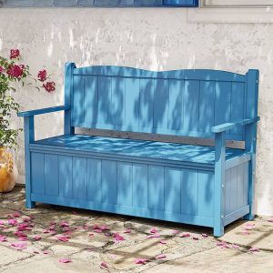 Klassische Gartenbank mit Behälter und gerader Armlehne in Cerulean/Gelb/Weiß - Braun