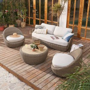 Plastik Contemporary Sofa, UV-beständiger Karamell-Rahmen für 3 Personen mit Kissen und Polster, 3-Sitzer Sofa