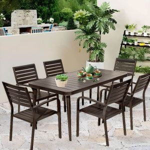 Minimalistisches Outdoor-Essset, Legierung Taupe Tisch und Stuhl, 5-teilig, UV-beständig, 63"L x 35,5"B x 28,3"H, Tisch & 4 Stühle