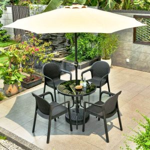 Modernes wetterfestes Ink Patio Picknicktisch-Set mit Polymer-Sitzfläche, 5-teiliger Tisch & Stühle, 23,6"L x 23,6"B x 28,3"H, Tisch & 4 Stühle