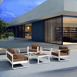 Weißes zeitgenössisches Sofa, UV-beständig für 3 Personen mit Kissen, Metallrahmen und Polster, 3-Sitzer Sofa