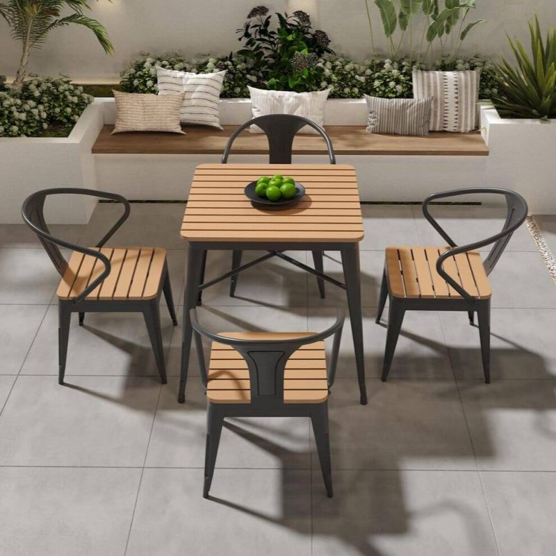 Natürliche Holzoptik Patio-Esstisch mit Metallrahmen, wasserdichter rechteckiger minimalistischer Stil, 55,1"L x 27,6"B x 29,5"H, Schwarz, nur Tisch