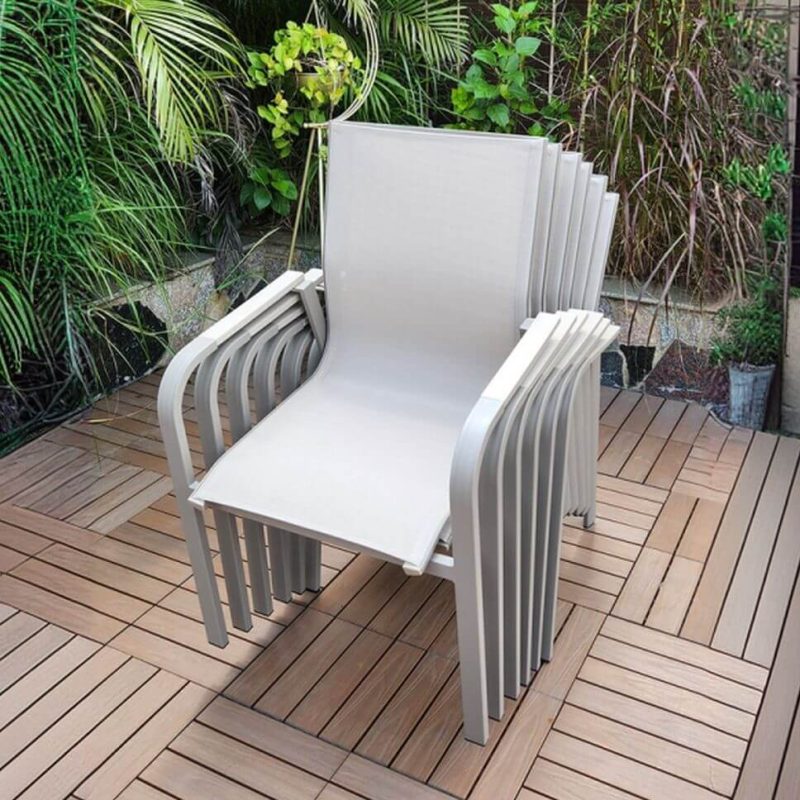Moderner Aluminium Metall Garten Armstuhl, Feuchtigkeitsbeständig, Stapelbar, Grauer Rücken, 1 Stuhl, 22"L x 22"B x 33"H