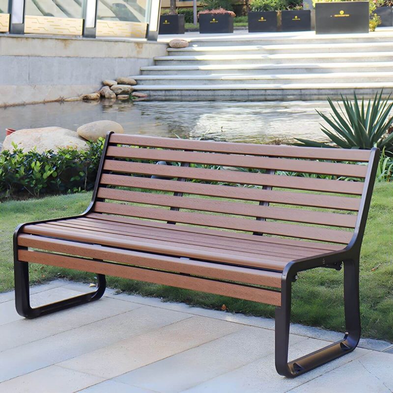 Industrielle Metall-Parkbank mit wasserdichter Aluminium-Sitzfläche in Braun - Gelb-Braun Schwarz 59"L x 27"B x 31.5"H