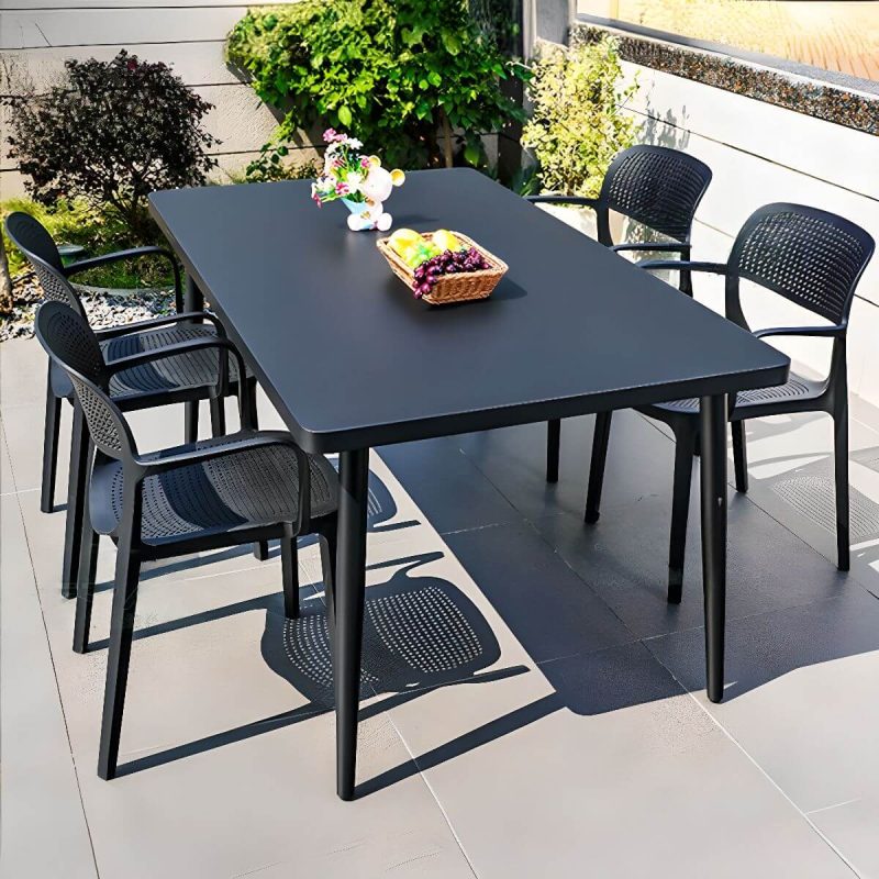 Modernes, feuerresistentes Polymer-Verbund-Außengartenset mit Tintentisch und Stühlen, 5-teilig, 160 cm L x 90 cm B x 71,8 cm H, Tisch & 4 Stühle