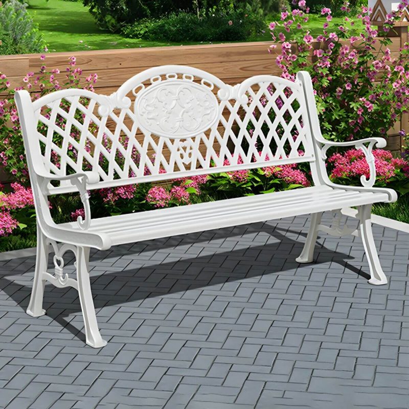 Bohemian Metal Park Bank mit wasserdichter und wasserabweisender Design, mit Armlehnen und Rückenlehne - Weiß 60"L x 21"B x 37"H