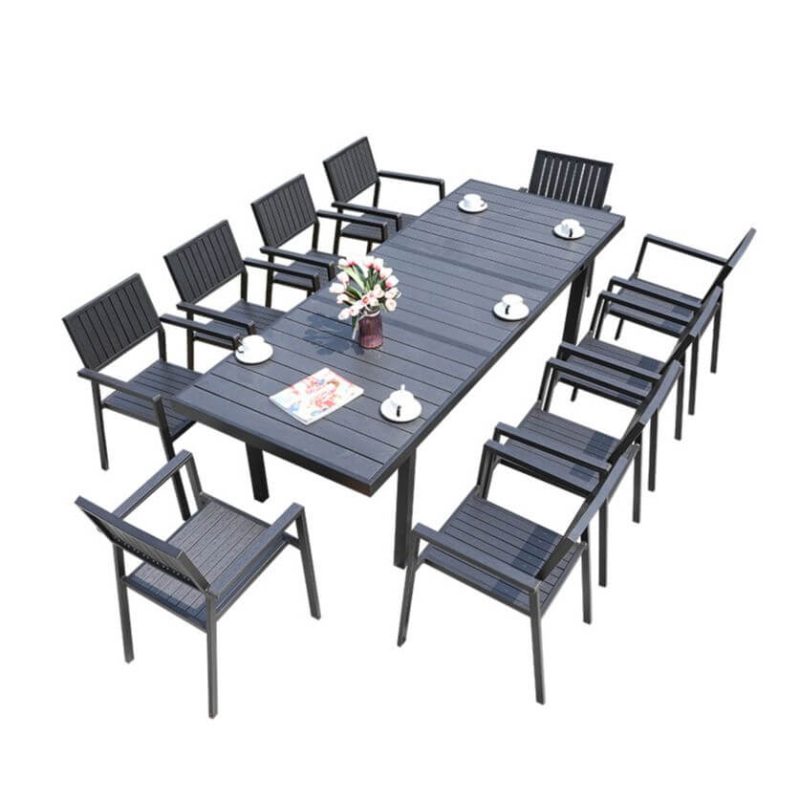 Outdoor-Esstischset mit Legierungssitz, wetterfestes Mitternachtsschwarz, Stuhl, einfacher Stil mit Tisch, 94"L x 35"B x 29"H, Schreibtisch & 10 Stühle