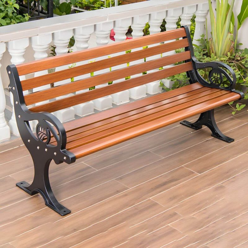 Industrielle Metall-Parkbank mit wasserdichter Aluminium-Sitzfläche, Rücken und geschwungenen Armlehnen - Rotbrauner Sockel 59"L x 23"B x 29"H