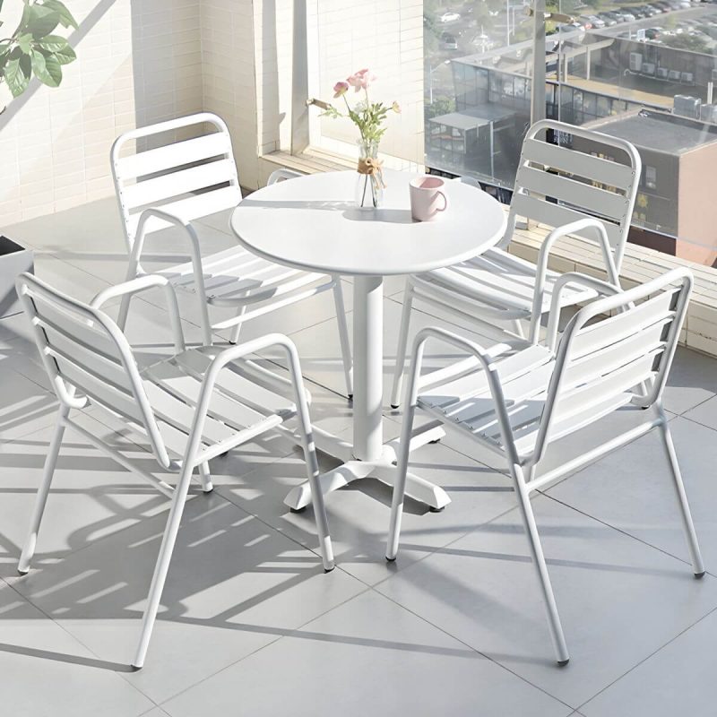 Metall-Patio-Tisch im zeitgenössischen Stil, wasserbeständig in Weiß - 35,4"L x 35,4"B x 28,3"H Rund