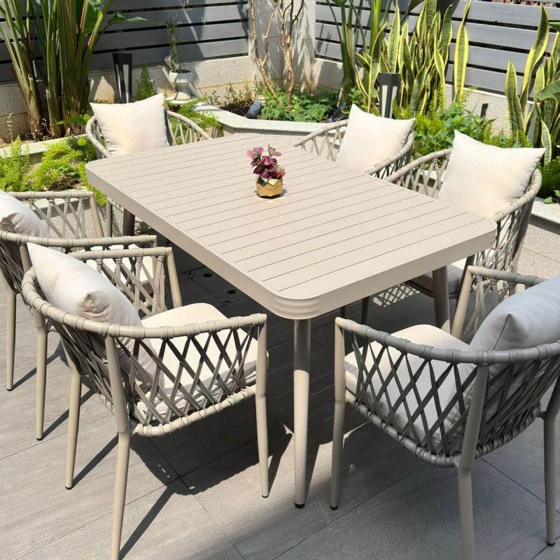 Ivory Outdoor Dining Set mit Alloy Sitzgelegenheit, 7-teiliges Set wetterfest mit Stuhl, einfachem Stil und Tisch, Tisch & 6 Stühle, 51"L x 33"B x 29"H