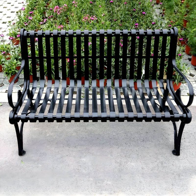 "Industrial Park Bench with Waterproof Steel Seating in Black - Water Resistant and Non-Foldable" - 47"L x 26"B x 33"H