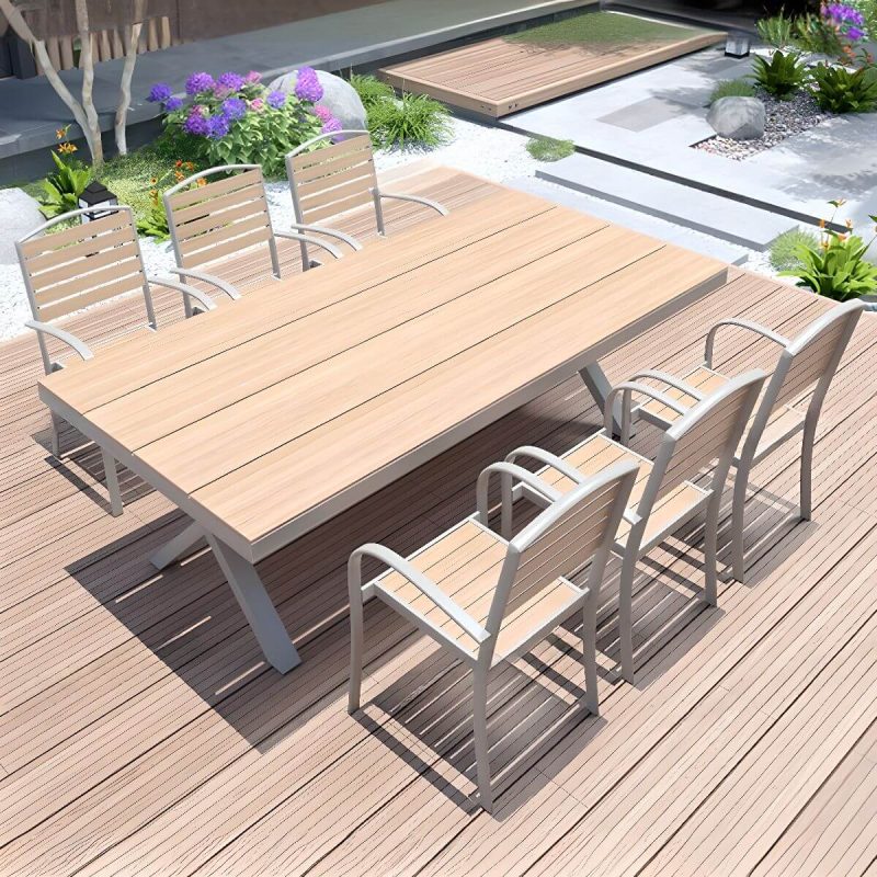 Holzmaserung Outdoor-Esstisch mit Ingenieurholz, 7-teiliges Set, wetterfester Stuhl und Tisch, moderner Stil, 87"L x 35,5"B x 27,5"H, Tisch & 6 Stühle