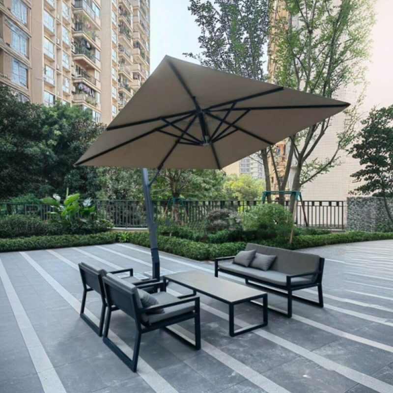 4-teiliges Outdoor-Sofa-Gesprächsset mit Edelstahltisch, Textilbezug, Mitternachtsschwarzer Tisch, UV-beständig, graue Kissen, 4-teiliges Set (2 Stühle & 1 3-Personen-Sofa & 1 Couchtisch)