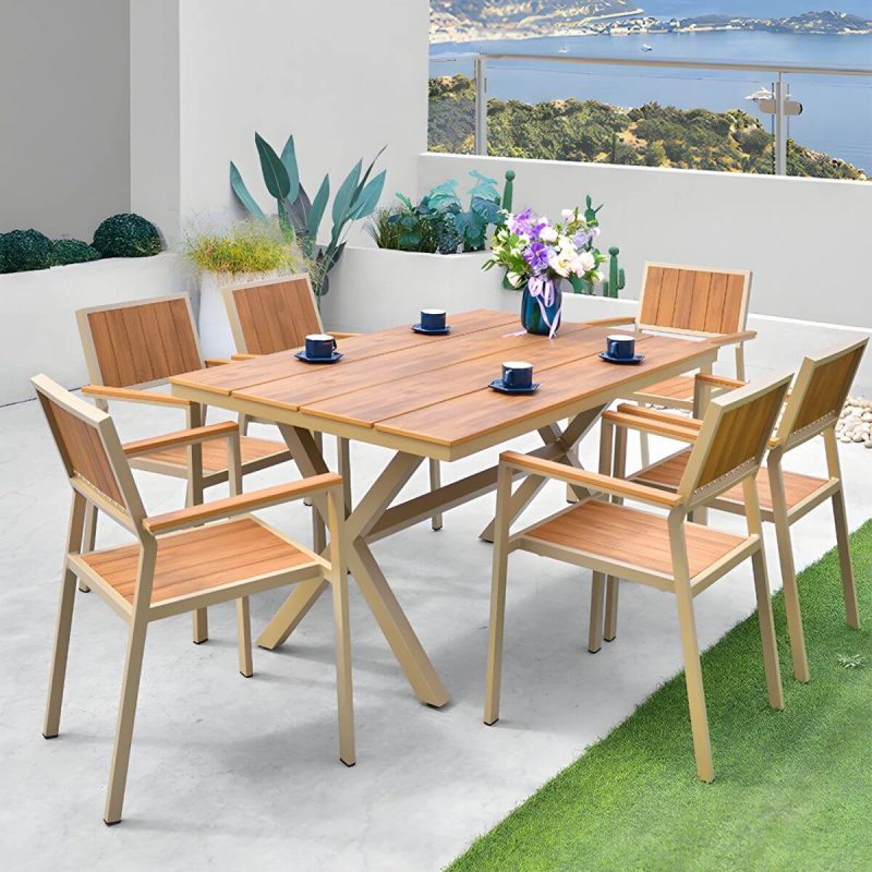 Metallische Outdoor-Esszimmerstühle Moderne stapelbare Patio-Esszimmerstühle wasserabweisend - Braun 8-teiliges Set