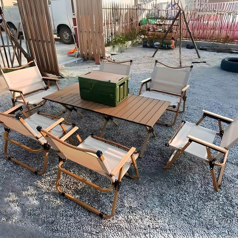 Modernes 7-teiliges Karamell Outdoor-Essset mit Stoffbezug, rostbeständig, Stuhl & Tisch, 47"L x 24"B x 18"H, Tisch & 6 Stühle