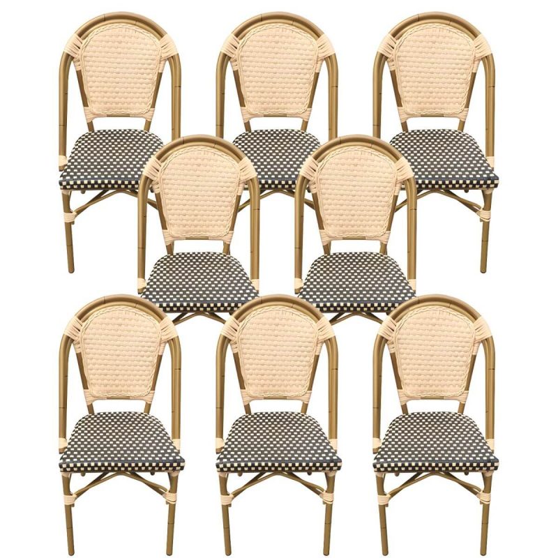 21" Breiter Tropischer Outdoor-Stuhl Rattan Armlehnen Esszimmer Seitenstuhl - Schwarz Weiß 8-teiliges Set