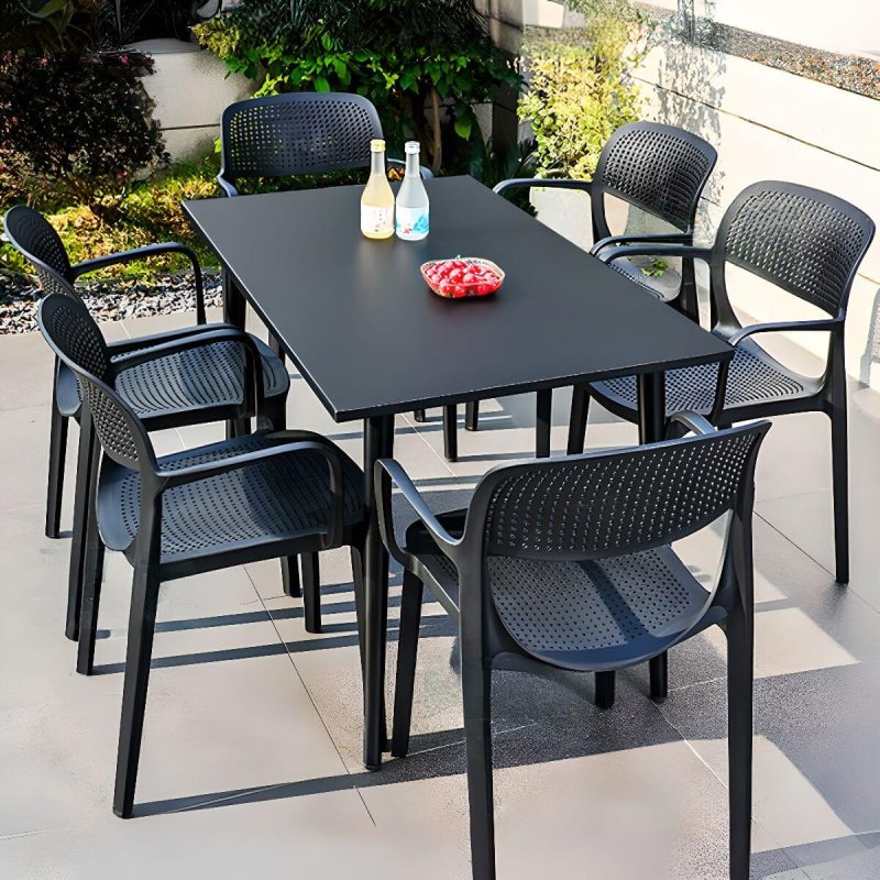Modernes, feuerresistentes Polymer-Verbund-Außengartenset mit Tintentisch und Stühlen, 7-teilig, 120 cm L x 70,1 cm B x 72,9 cm H, Tisch & 6 Stühle